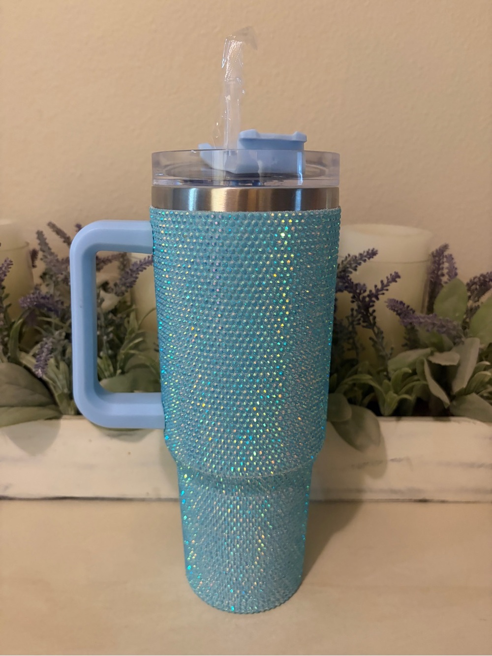 Sparkling Light Blue Rhinestone Travel Mug with Handle
